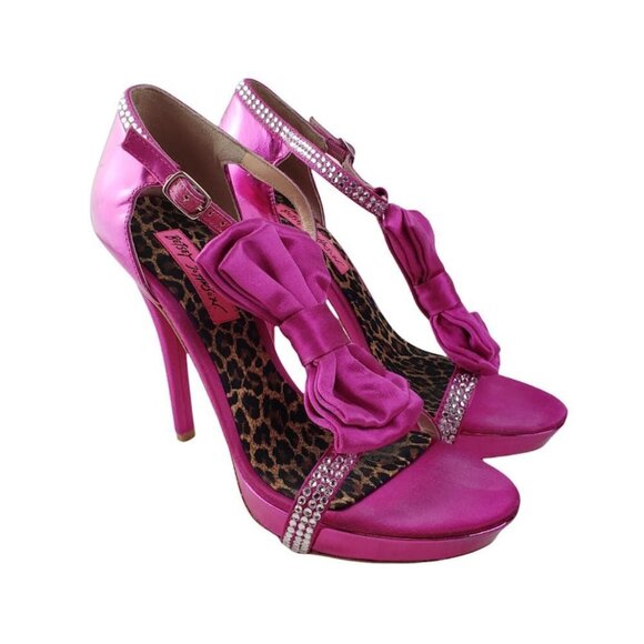 Betsey Johnson Stiletto Heels Strappy Fuschia Pink Rhinestone Bow Size 6.5 - Picture 1 of 14